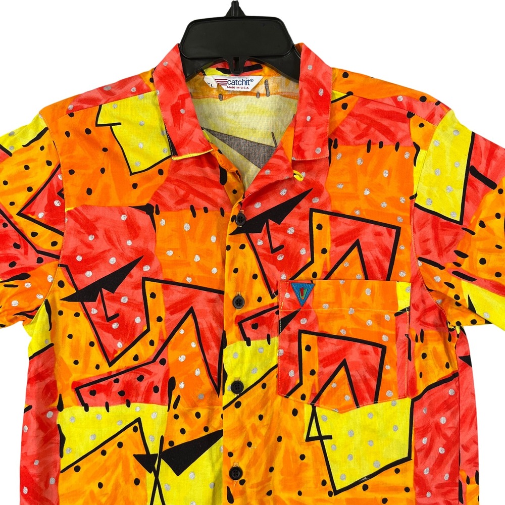 Vintage 80s Catchit Boys XL Geometric Neon Surf Skate Button Up Shirt Made USA